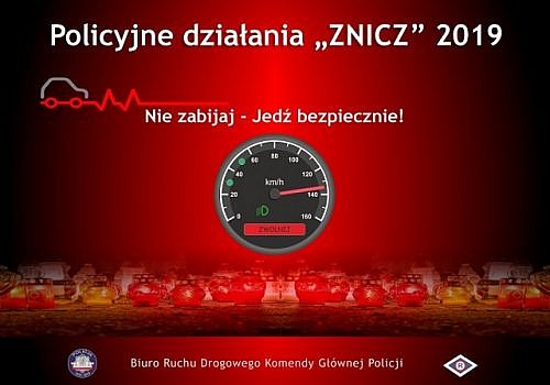Ulotka informacyjna o akcji Zznicz 2019 - prędkościomierz i znicze na czerwonym tle.