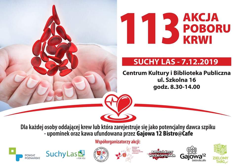 grafika promująca akcję poboru krwi w Suchym Lesie 7 grudnia 2019 i informacją, że każda osoba oddająca krew lub która zarejestruje się jako potencjalny dawca szpiku otrzyma upominek oraz kawę od Gajowa 12 Bistro&Cafe