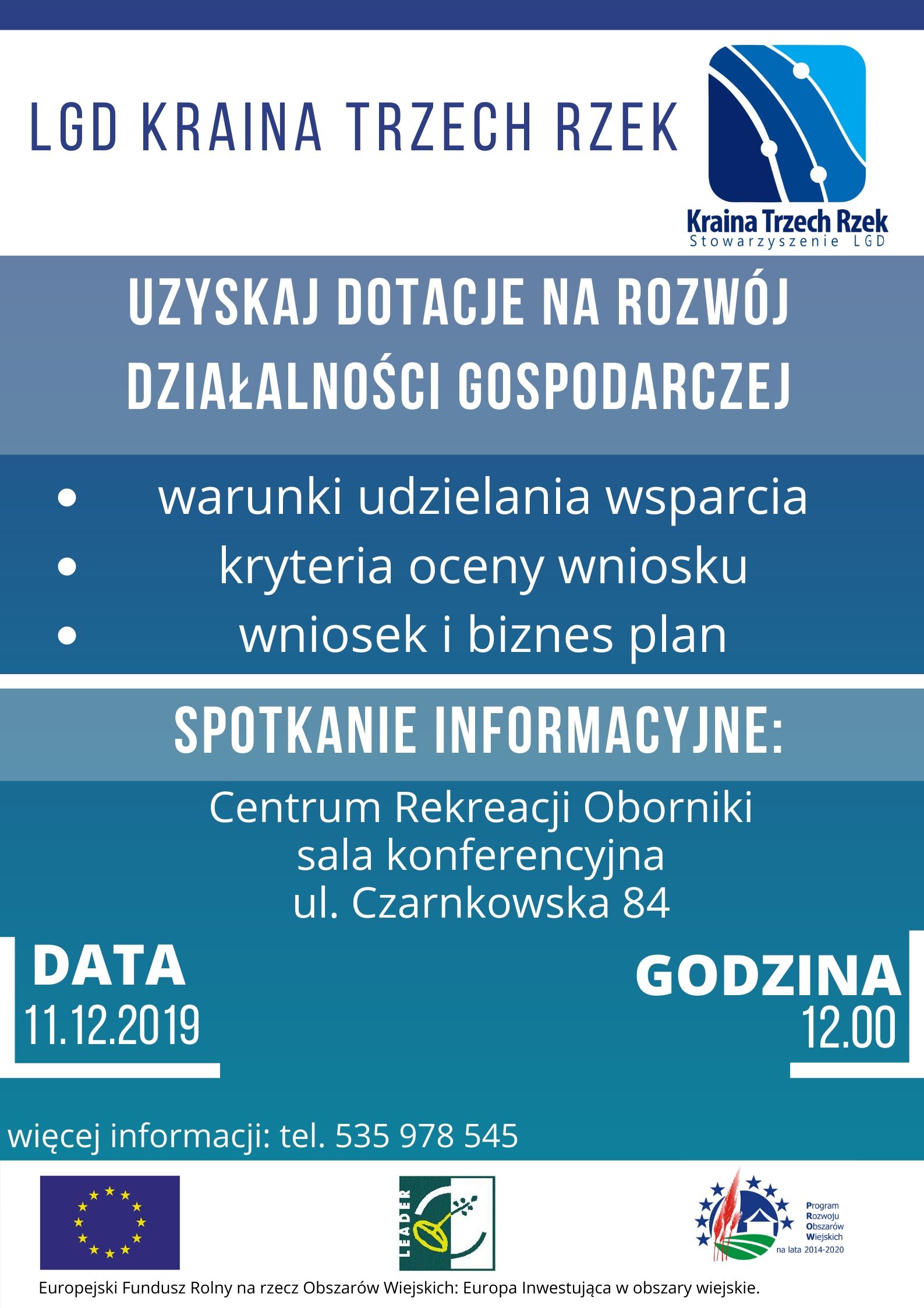 plakat informujący o spotkaniu w sprawie naboru wniosków na dofinansowania na rozwój działalności gospodarczej