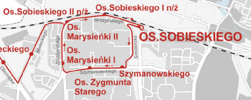 Fragment mapy z naniesioną czerwoną linią wskazującą na trasę linii 832