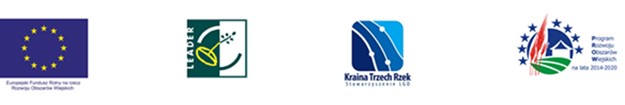 od lewej: flaga Unii Europejskiej, logo LEADER, logo LGD Kraina Trzech Rzek, logo Programu Rozwoju Obszarów Wiejskich na lata 2014-2020
