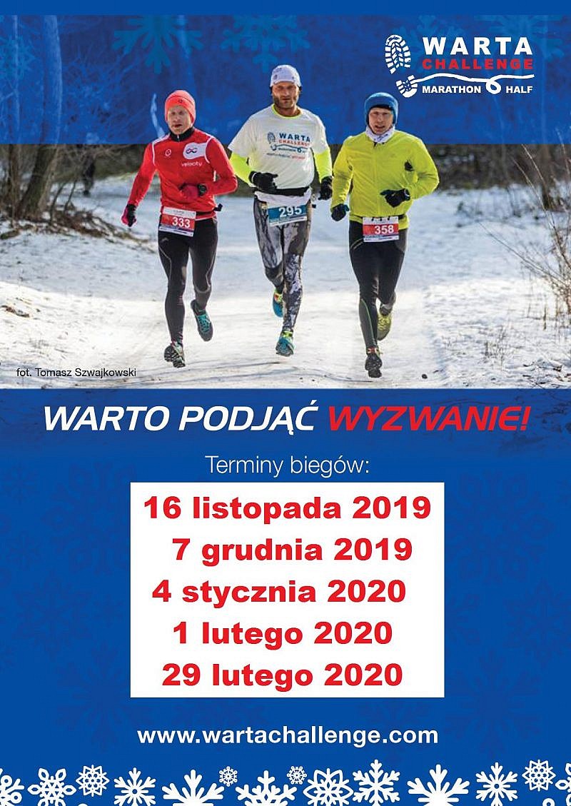 Ulotka informacyjna o Warta Challenge Marathon&Half z terminami biegów cyklu 2019/2020, zdjęcie trzech biegaczy