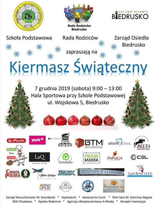 ulotka z informacjami o kiermaszu w Biedrusku 7 grudnia 2019 r. w hali sportowej przy szkole