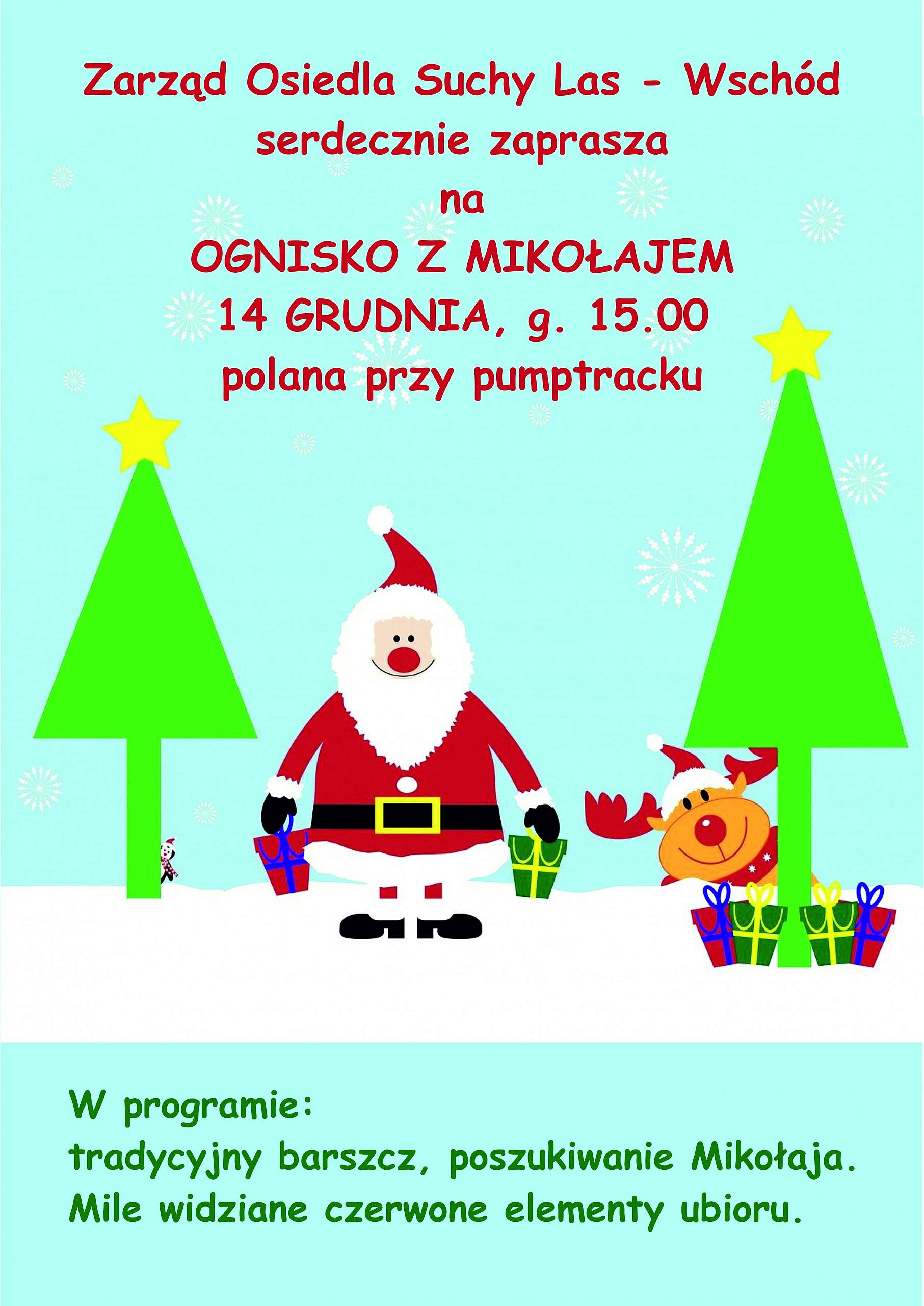 grafika z mikołajem, reniferem, choinkami i prezentami informująca o Ognisku z Mikołajem 14 grudnia o godz. 15:00 na polanie przy pumptracku