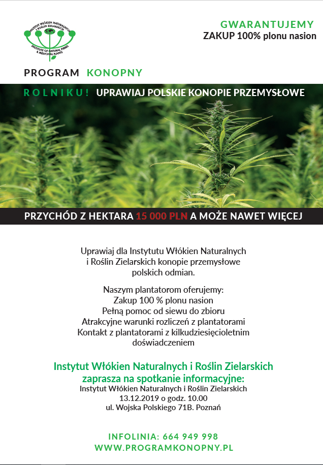 Ulotka informacyjna o spotkaniu w sprawie programu konopnego w dniu 13 grudnia 2019 r. w Poznaniu 
