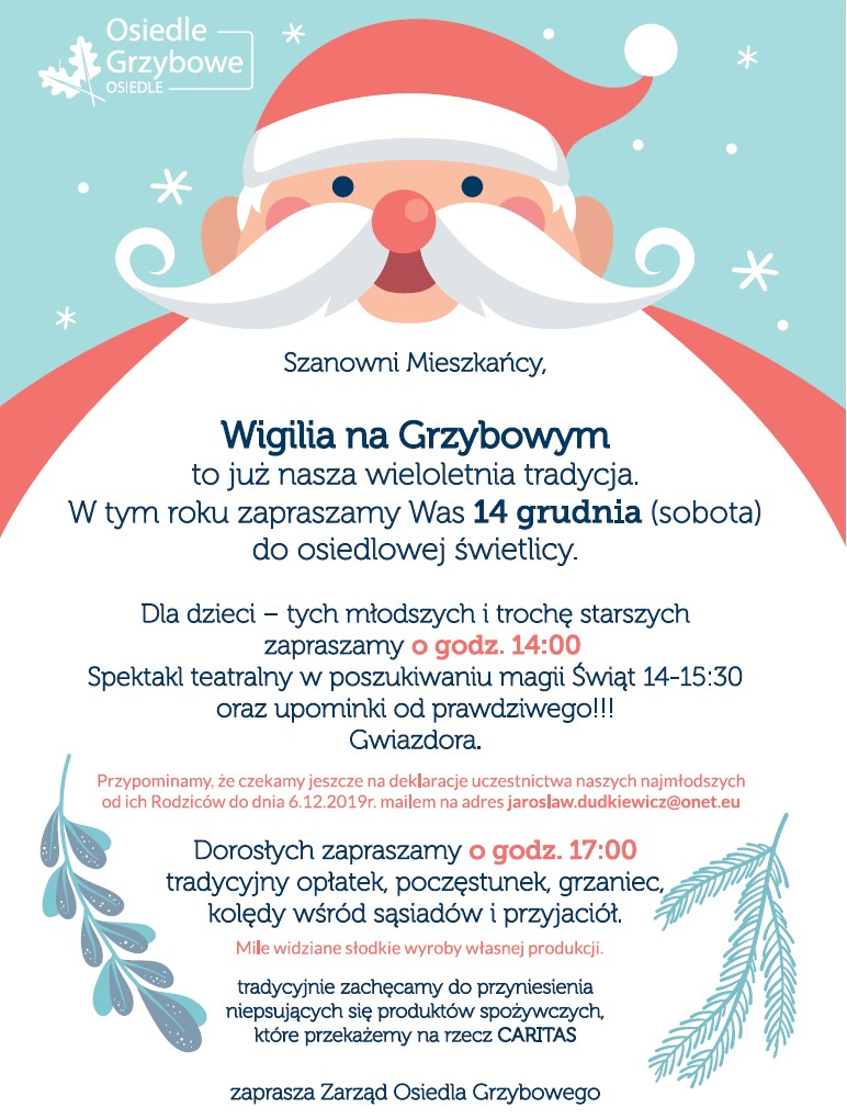zaproszenie na wigilię osiedlową na os. Grzybowe w Zlotnikach 14 grudnia 2019