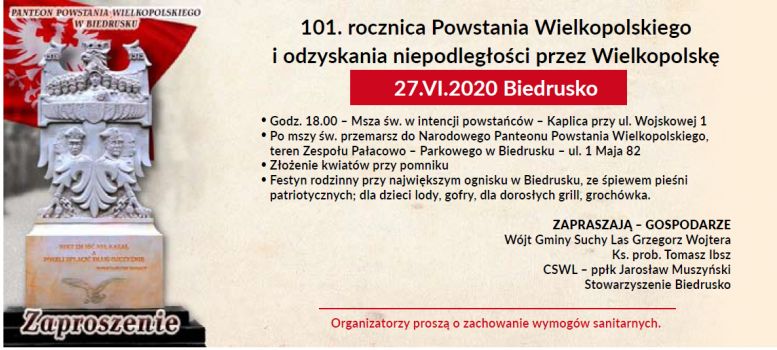 Zaproszenie na obchody 101. rocznicy Powstania wielkopolskiego w Biedrusku