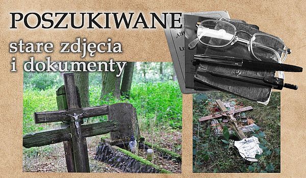 Poszukiwane stare zdjęcia i dokumenty, dwa zdjęcia przedstawiajace krzyże cmentarne, w prawym górnym rogu okulary i długopis leżące na książce