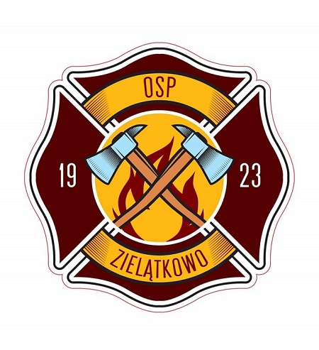 logo Ochotniczej Straży Pożarnej w Zielątkowie, w którym zawarta jest nazwa Zielątkowo, rok założenia jednostki 1923, płomień, toporki strażackie. Wszystko w kolorystyce