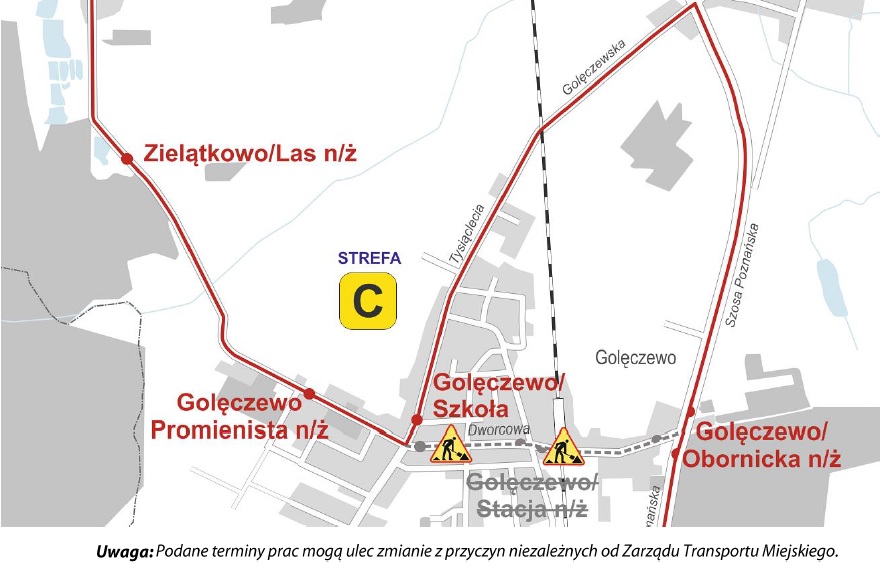 mapka z zaznaczonym objazdem linii 905 i 907 w Golęczewie