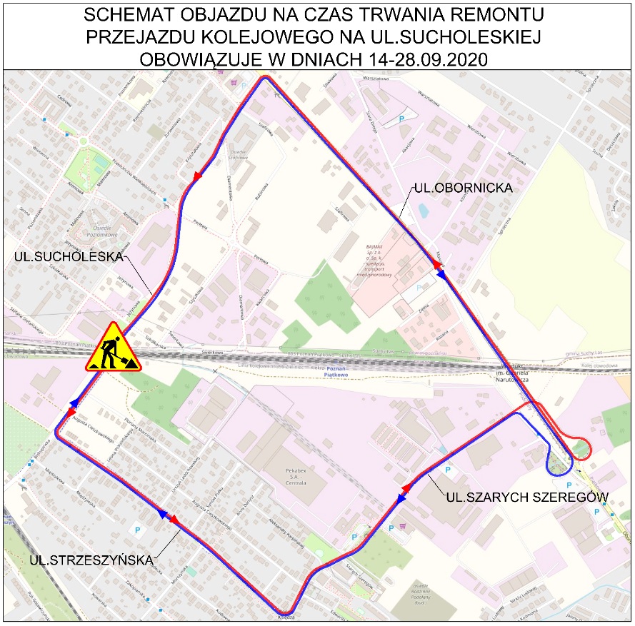 Schemat objazdu na czas trwania remontu przejazdu kolejowego na ul. Sucholeskiej obowiązuje w dniach 14-28.09.2020