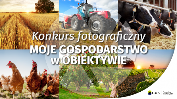 Plakat informujący o konkursie fotograficznym dla rolników - moje gospodarstwo w obiektywie. Na plakacie znajdują się zdjęcia: pola ze zbożem, traktora, krów w oborze, sadu, kur i pola uprawnego z warzywami.