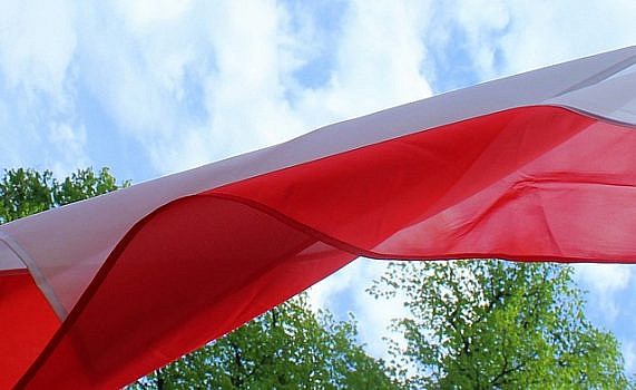 Biało - czerwona flaga Polski powiewająca na tle drzew i nieba.