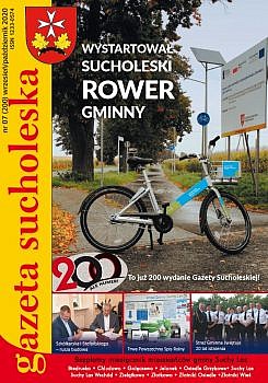 Okładka "Gazety Sucholeskiej", na której znajdują się zdjęcia z podpisania umowy na budowę ulicy Szkółkarskiej, promujące w urżedzie Gminy w suchym Lesie Spis Rolny, strażników ze straży Gminnej,. Główne zdjęcie prezentuje rower na tle ścieżki rowerowej w Złotnikach.