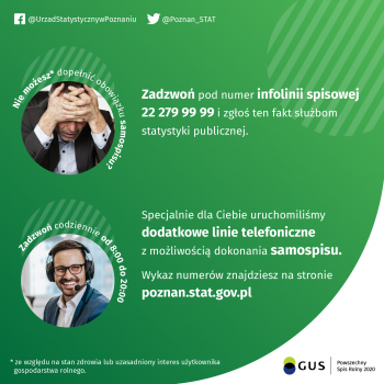 Plakat informujący o możliwości dokonania spisu powszechnego rolników przez telefon.