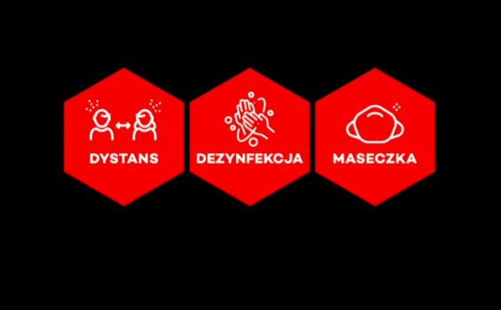 Na czarnym tle czerwone sześciokąty z informacją o zasadzie Dystans, Dezynfekcja, Maseczka.