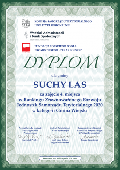 Dyplom informujący o przyznanie gminie Suchy Las 4 miejsca w rankingu zrównoważonego rozwoju.