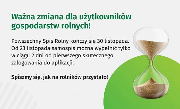 Informacja o Spisie Rolnym 2020 - na obrazku tekst i klepsydra.