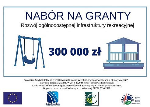 Nabór na granty - rozwój ogólnodostępnej infrastruktury rekreacyjnej, 300 000 zł, informacja o Europejskim Funduszu Rolnym, logotypy unijne i Krainy Trzech Rzek