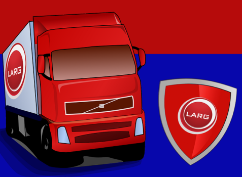 Grafika przedstawiająca samochód ciężarowy z logo spółki LARG oraz tarczę z logo spółki LARG.