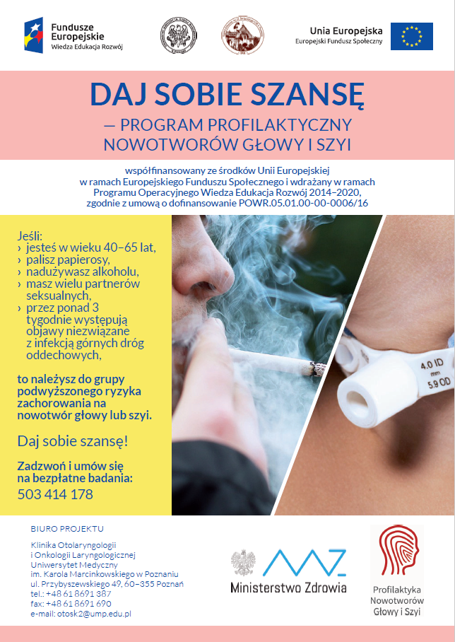 plakat informacyjny programu Daj sobie szansę - program profilaktyczny nowotworów głowy i szyi