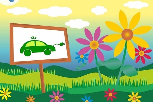 Grafika przedstawiająca łąkę i tablicę z eko samochodem.