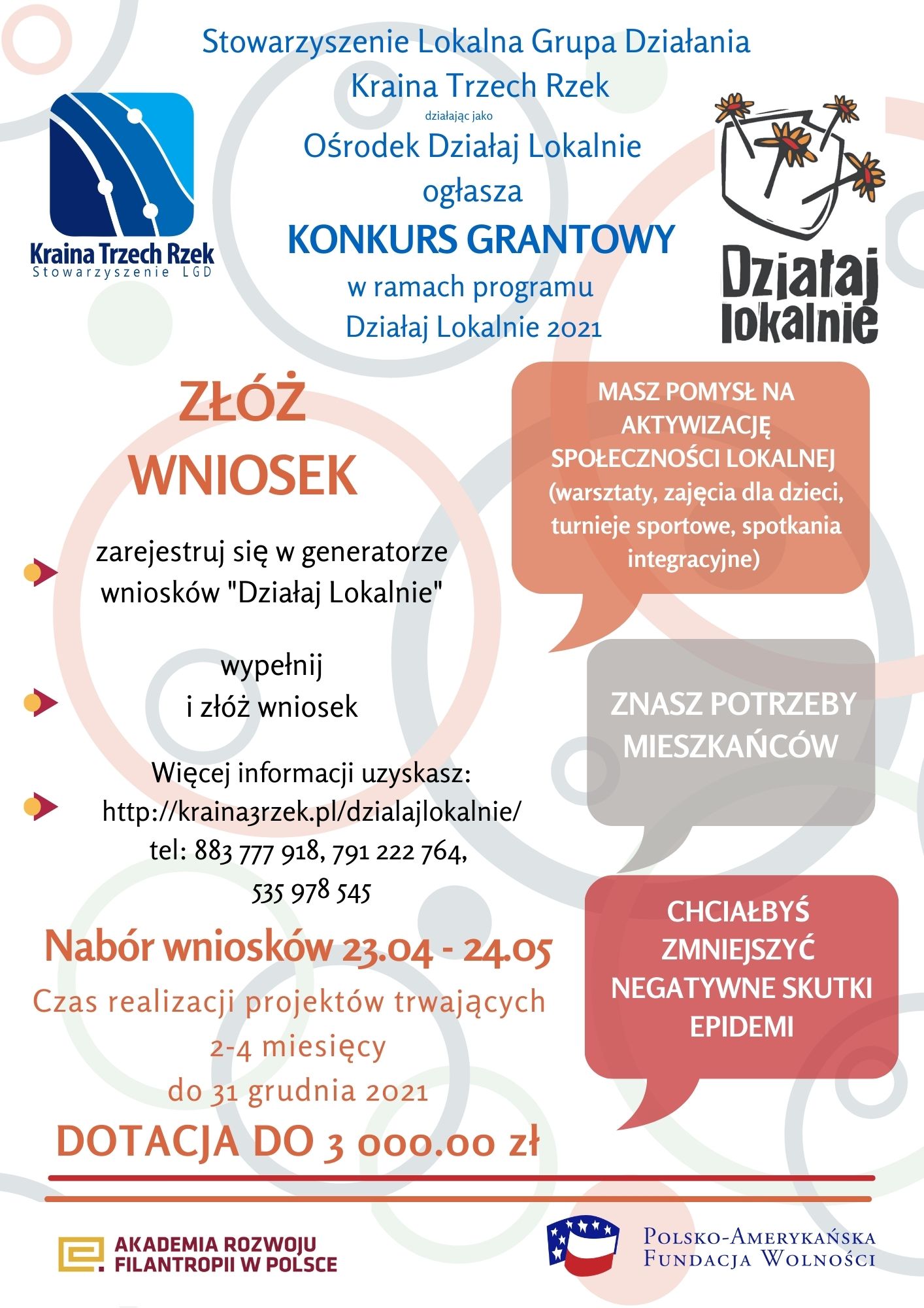 plakat informacyjny o konkursie grantowym w ramach programu "Działaj lokalnie"