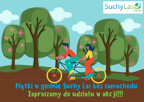 Obrazek do akcji Piątki bez samochodu przedstawiający rowerzystów na tandemie jadących wśród drzew.