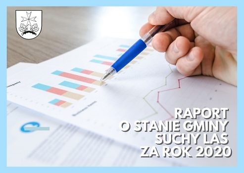 Kartka z wykresami z naspisem Raport o stanie gminy oraz herbem gminy Suchy Las