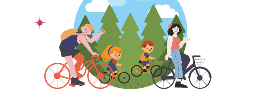 rysunek 4-osobowej rodziny na rowerach na tle lasu i nieba