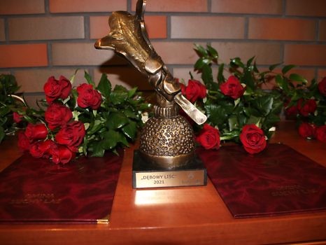 Statuetka Dębowego Liścia na tle czerwonych róż.