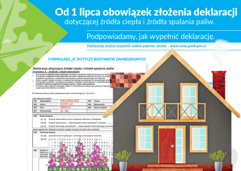 Plakat informujący o konieczności wypełnienia deklaracji o źródłach ciepła w domu.