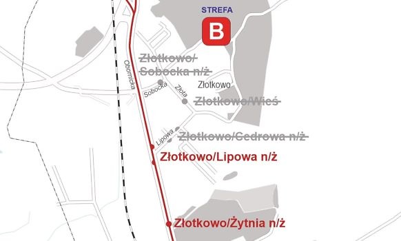 odcinek mapy z zaznaczonymi przystankami w Złotkowie