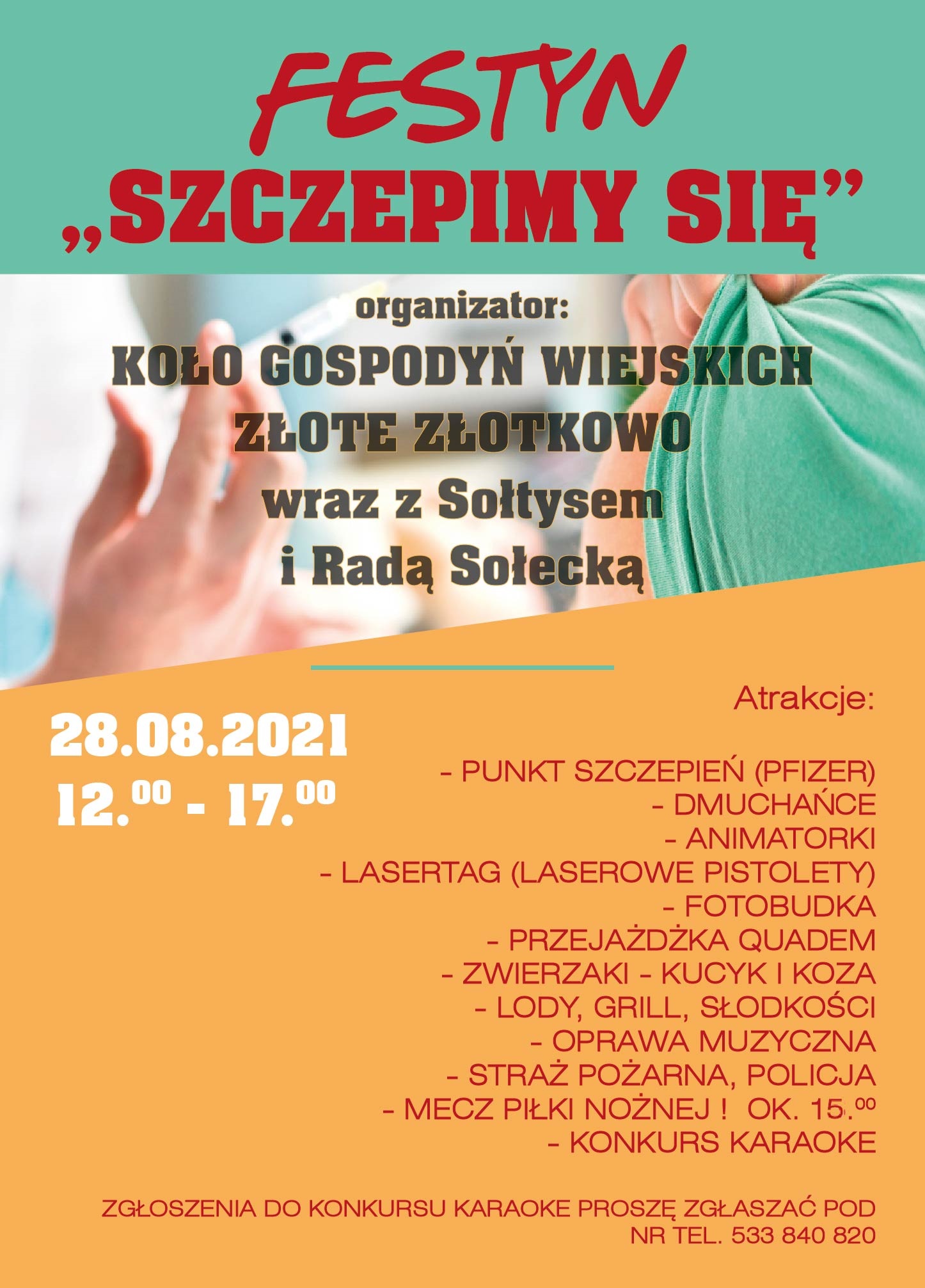 plakat festynu "Szczepimy się w Złotkowie 28 sierpnia 2021 r.
