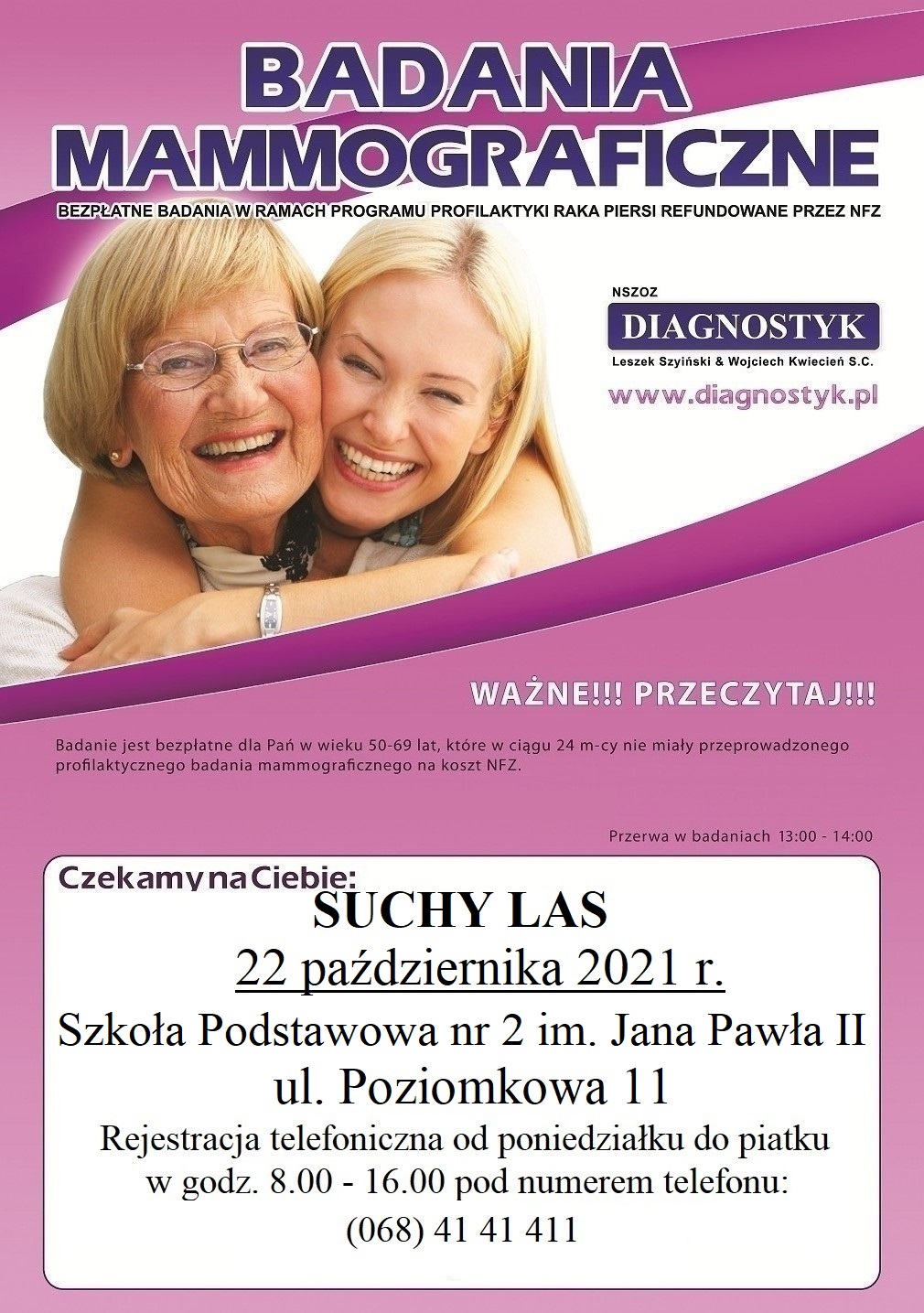 plakat SUCHY LAS 22.10.2021 R. 1 - Mammografia dla kobiet w wieku 50-69 lat w Suchym Lesie