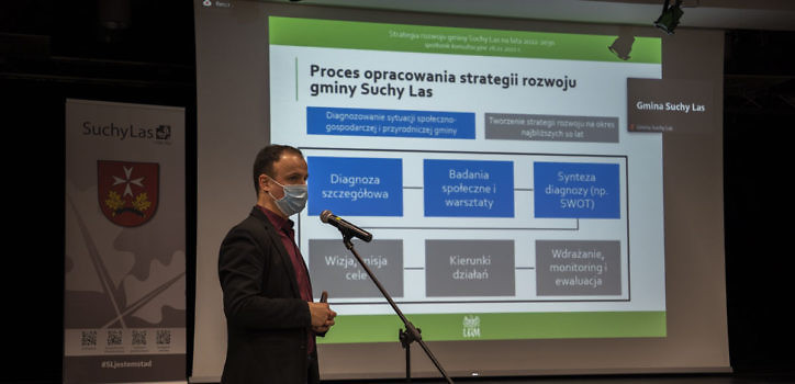 dr Kołsut prezentuje projekt strategii rozwoju gminy Suchy Las na lata 2022-2030 w sali CKiBP