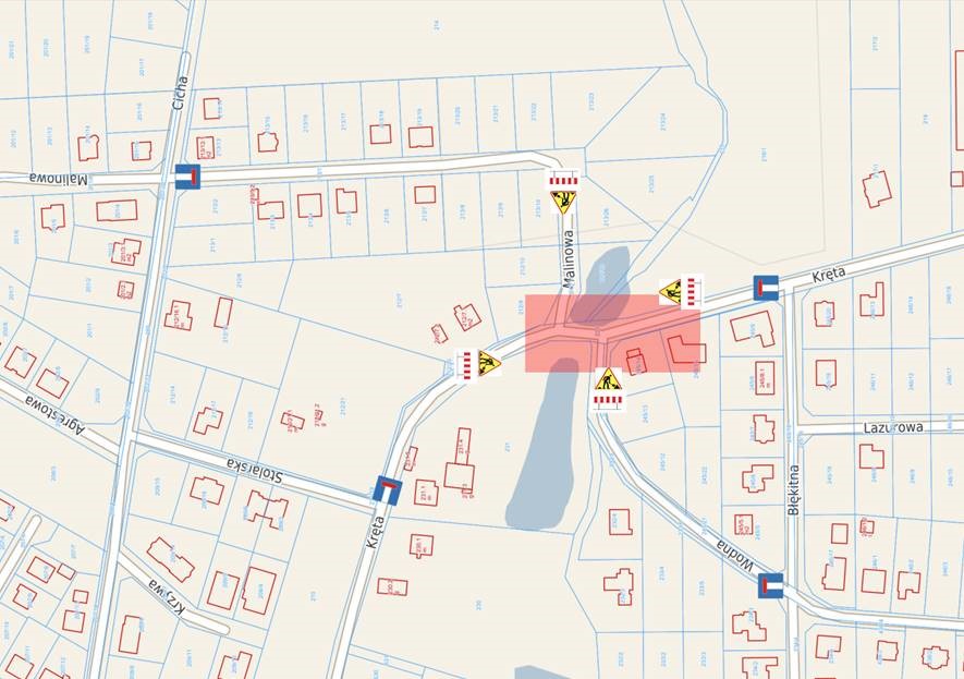 wycinek mapy Golęczewa  z zaznaczonym na czerwono skrzyżowaniem ul. Krętej, Malinowej i Wodnej oraz znakami "roboty drogowe" i "ślepa ulica"