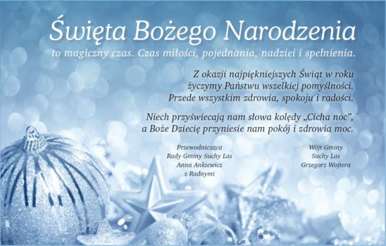 życzenia na kartce niebieskiej z bombkami.