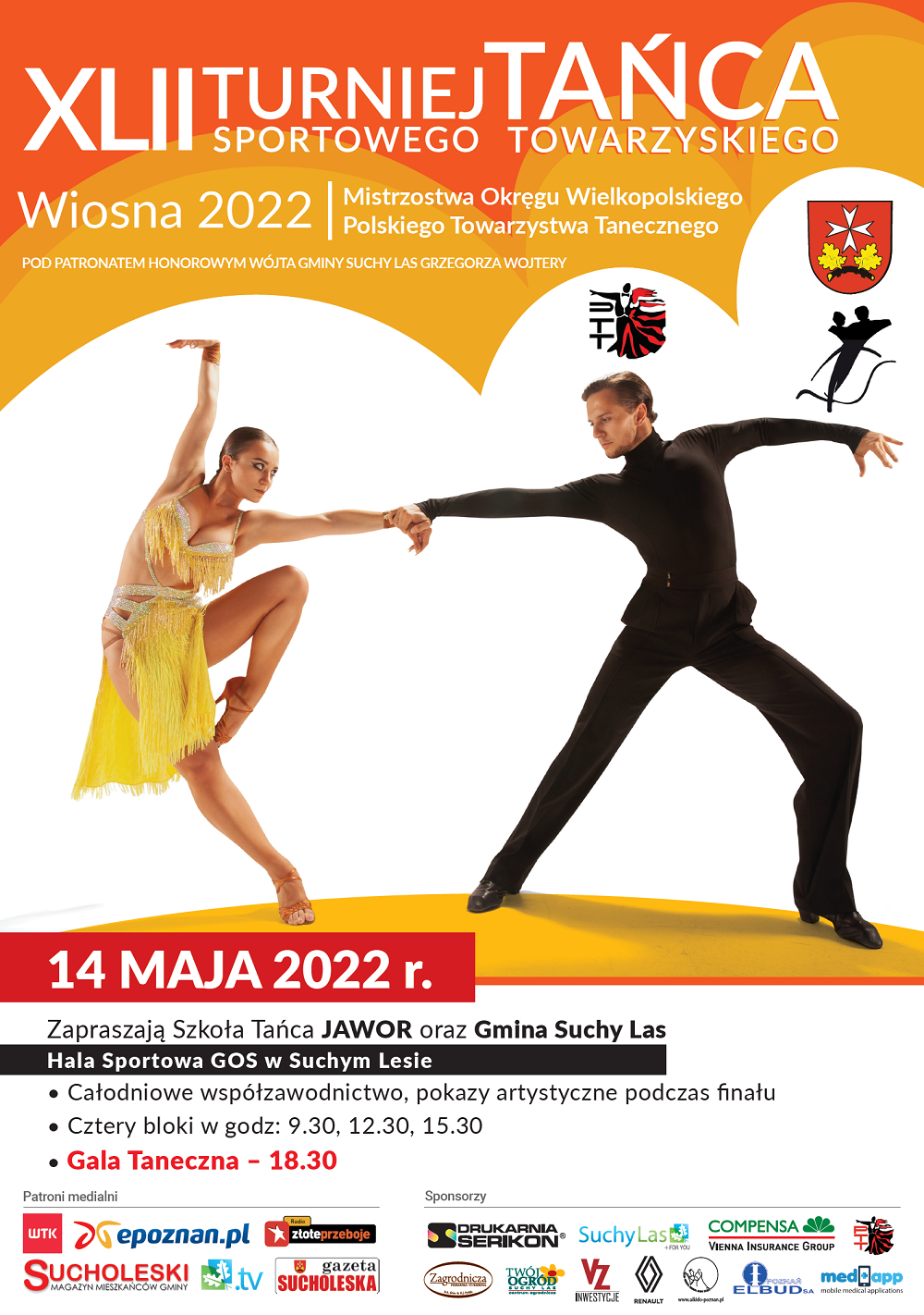 Plakat z zapowiedzią imprezy. Główny plan para taneczna w latino.