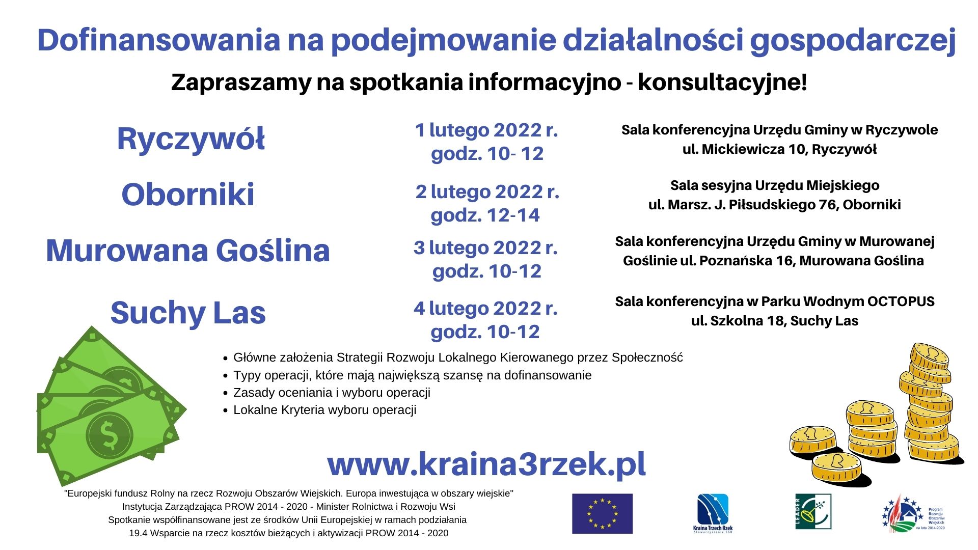 plakat informacyjny o spotkaniach informacyjno-konsultacyjnych dotyczących dofinansowań na podejmowanie działalności gospodarczej. LGD Kraina Trzech Rzek