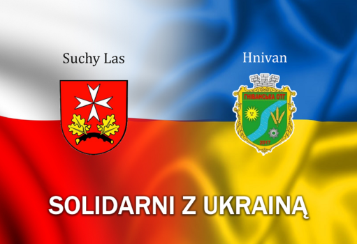 Herby gminy Suchy Las i miasta Hniwań na tle flag Polski i Ukrainy