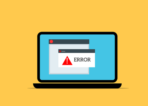 Grafika komputer z informacją na ekranie error. Całość na żółtym tle.