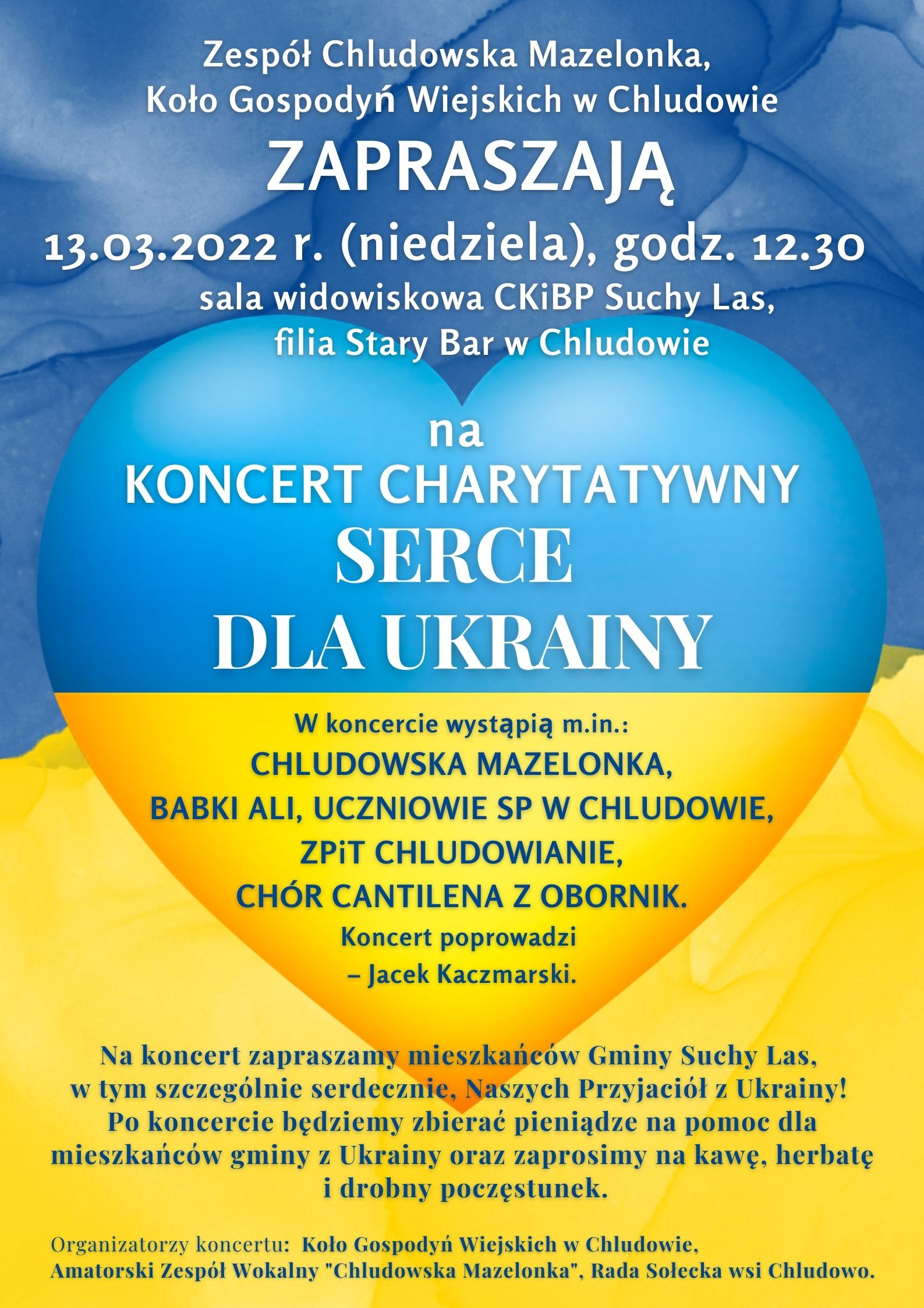 Plakat informujący o koncercie w barwach ukraińskiej flagi.