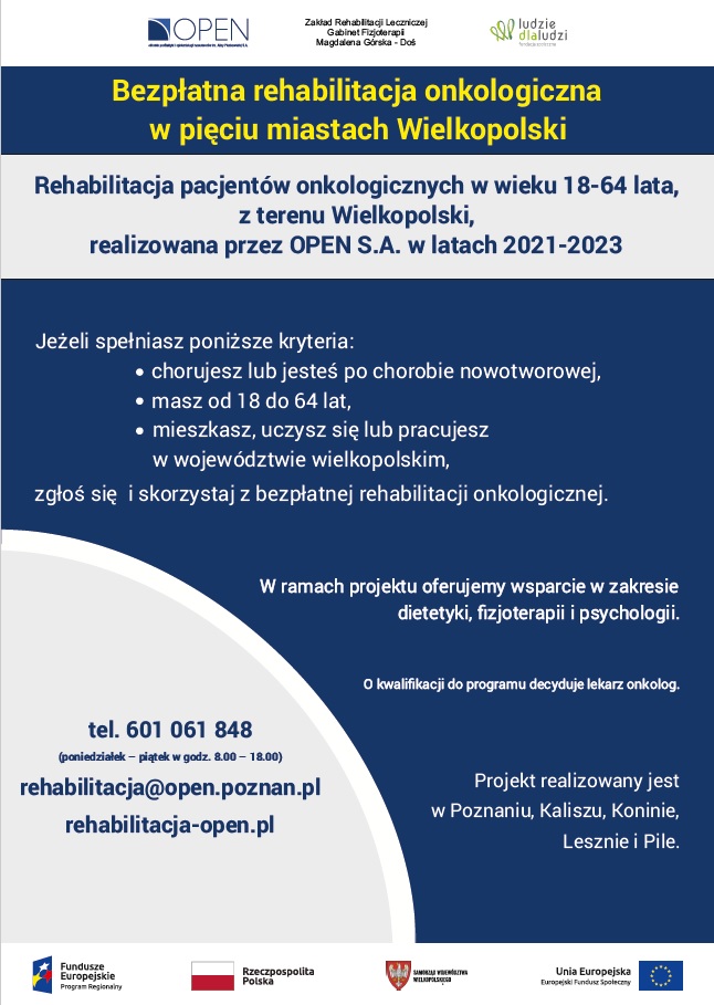 Bezpłatna rehabilitacja onkologiczna - plakat informacyjny, logotypy OPEN, fundusze europejskie
