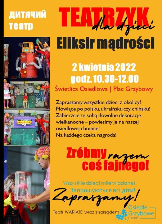 plakat informacyjny Teatrzyk eliksir mądrości 2 kwietnia 2022 godz. 10:30-12:00.