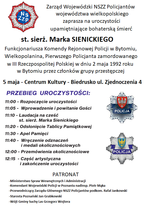Plakat uroczystosci tablica Biedrusko - Uroczystości upamiętniające st. sierż. Marka Sienickiego