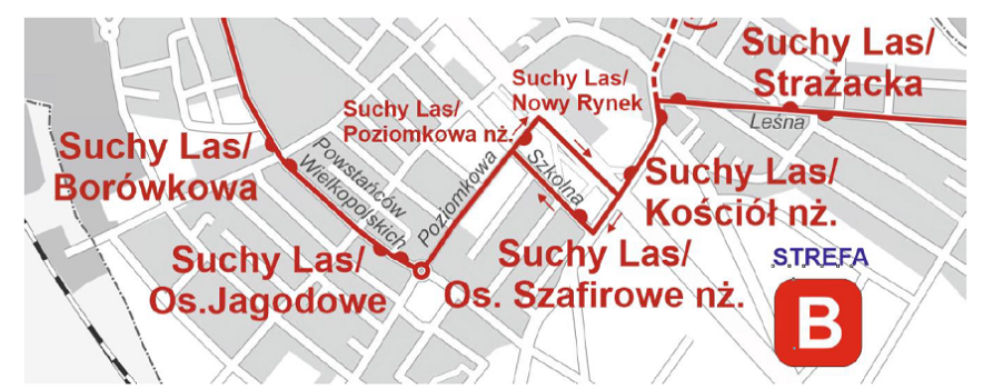 Mapa z zaznaczonym objazdem autobusów