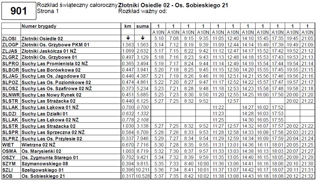 901 - Rozkład świąteczny całoroczny Złotniki Osiedle - Os. Sobieskiego
