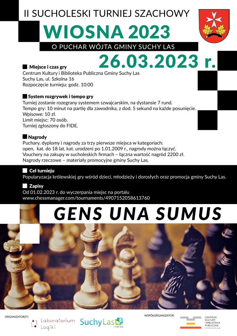 Plakat zapowiadający turniej. Informacje z komunikatu. Zdjęcie szachów.