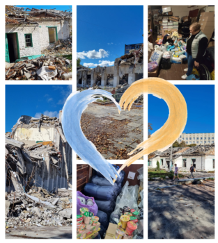 Kolaż ze zdjęć - zdjecia zburzone budynki w Ukrainie.